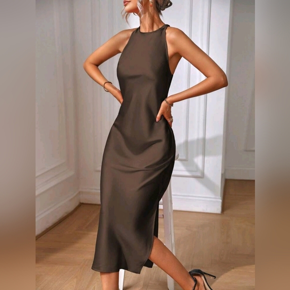 New Chic Satin Halter Long Slip Dress Sleeveless Brown - Picture 1 of 10